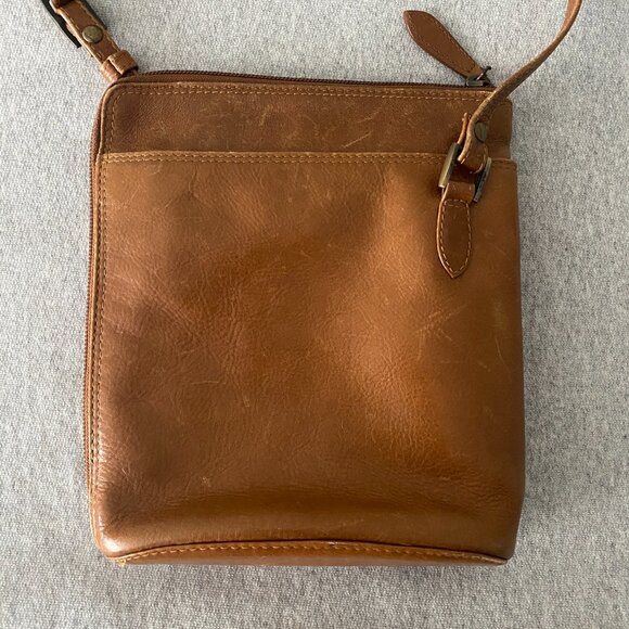 Derek Alexander Two Sided Zip Cross Body Bag Tan Premium Genuine Leather - Picture 8 of 16